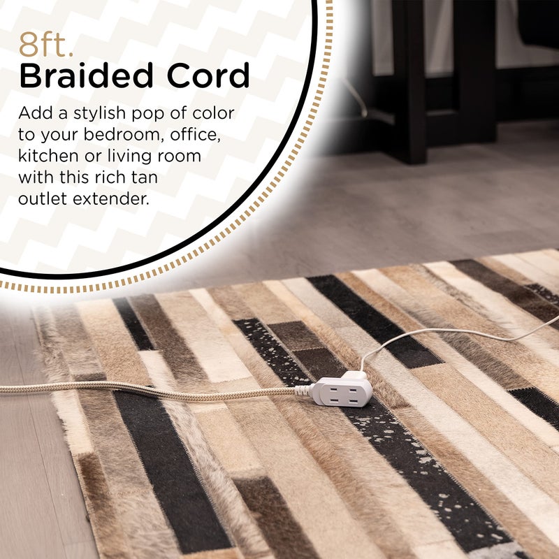 Cordinate Designer 3-Outlet Extension Cord, 2 Prong Power Strip, Extra Long 8 Ft Cable with Flat Plug, Braided Chevron Fabric Cord, Slide-to-Close Safety Outlets, Tan/White, 41891 - Image 3